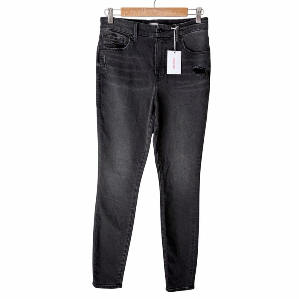 Good American | Good Legs High Rise Skinny Jeans Distressed Faded Black Size 8